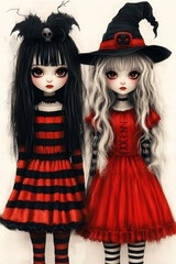 Fototapeta premium Two gothic dolls in red and black dresses with witch hat
