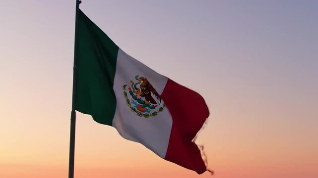 Mexican Flag Waving Gracefully Against a Sunset Sky 2.