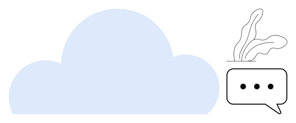 Large light blue cloud, small growing leaves, and a chat bubble with three dots. Ideal for communication, growth, eco-friendliness, connection, teamwork sustainability technology concepts. A simple