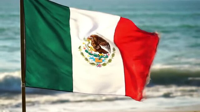 Mexican Flag Waving Gracefully on a Beach with Ocean Waves.
