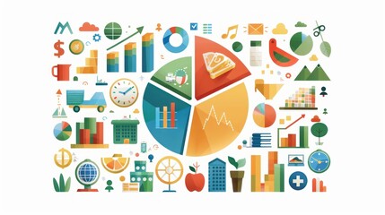 A colorful illustration of a pie chart divided into four segments, surrounded by various icons representing business, finance, and technology.