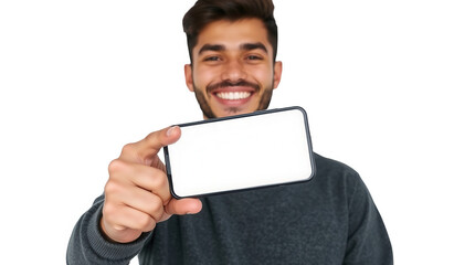A young man beams with joy as he holds up a smartphone showcasing a blank screen. His bright smile and casual attire create an inviting atmosphere