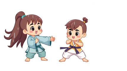 Two young children in martial arts uniforms are engaged in a playful sparring match showcasing their enthusiasm and skills in a studio setting