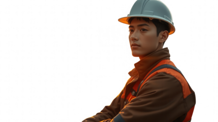 A young construction worker stands confidently at a job site during the evening golden hour wearing a hard hat and reflective safety gear