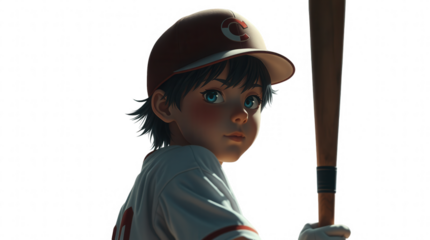A young baseball player wearing a cap and jersey stands confidently with a bat looking towards the field. Sunlight enhances the moment of anticipation