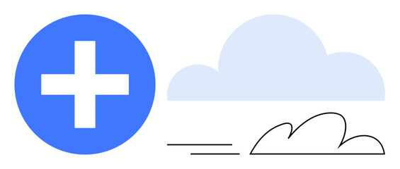 Blue cross, shaded cloud, and minimal lines evoke healthcare, support, safety, and wellness. Ideal for health, sustainability, eco-consciousness technology medicine positivity modern clean