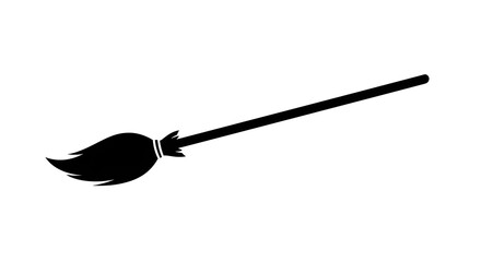 Silhouette illustration of a classic flying broom, associated with magic and Halloween, simple black vector on white background.
