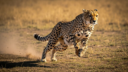 Fototapeta premium Cheetah running at high speed across the savanna. Powerful big cat hunting in its natural African habitat.