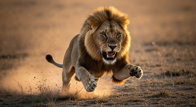 Aggressive male lion charging at sunset. Powerful predator running with mouth open in the dusty African savanna.