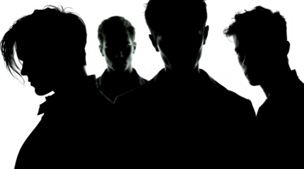 Four individuals are positioned against a luminous background their silhouettes sharply outlined as they appear engaged in an artistic expression or performance