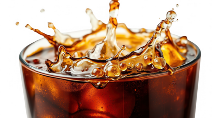 A refreshing drink splashes out of a glass filled with ice cubes. The bright setting highlights the dark liquid and creates an appetizing look