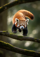 Obraz premium Red panda leaping between mossy branches. Dynamic action shot of a cute and agile wild animal in the forest.