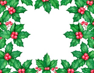 Watercolor holly border on white background