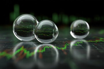 Three clear spheres resting on a dark surface with financial charts