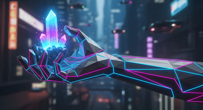 Futuristic Hand Holding Energy Crystals in Cyberpunk Cityscape Depicts Technology, Innovation, and Mysticism with Neon Outlines in a Modern Urban Setting Exploring Science Fiction Themes - Powered by Adobe