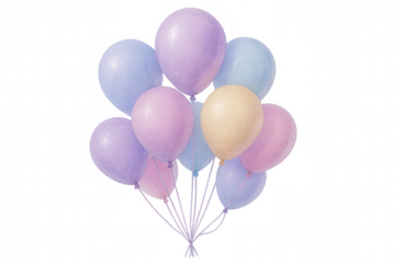 Pastel balloons clustering together, soft strings intertwining against transparent backdrop