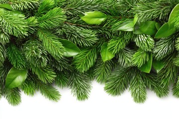 Naklejka premium Lush green foliage and vibrant needles of evergreen plants beautifully layered to create a natural backdrop symbolizing growth and tranquility captured with clarity