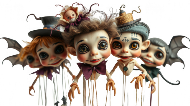 A delightful assortment of handcrafted puppets showcases whimsical characters with unique features and colorful attire arranged for an artistic presentation