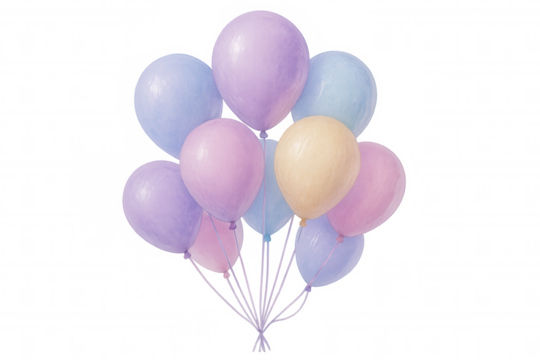 Pastel balloons clustering together, soft strings intertwining against transparent backdrop