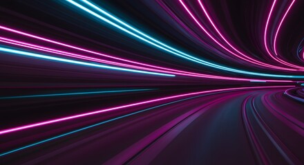 Abstract neon light tunnel with dynamic lines. The image portrays a sense of speed and futuristic design