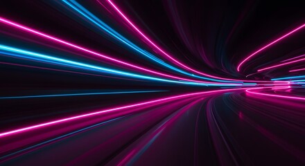 Abstract tunnel with vibrant neon lights streaks, conveying the concepts of speed, technology, and futuristic design