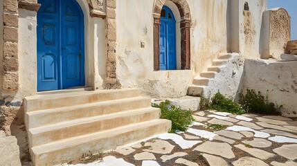 Obraz premium Greek Island Building Exterior Stone Steps Blue Door
