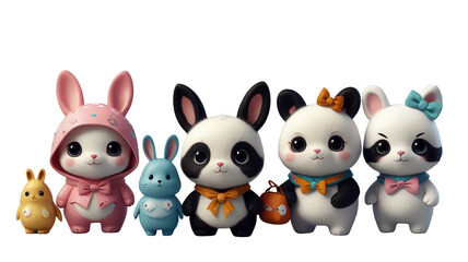 Six charming animal figures including rabbits and pandas displayed together showcasing vibrant colors playful outfits and happy expressions ideal for children