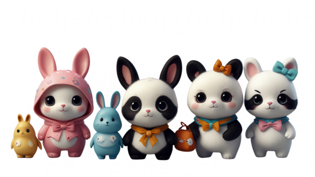 Six charming animal figures including rabbits and pandas displayed together showcasing vibrant colors playful outfits and happy expressions ideal for children