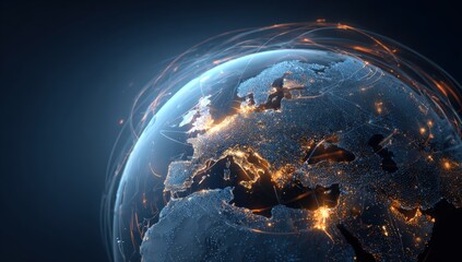 A glowing, digital Earth, centered, Europe focused