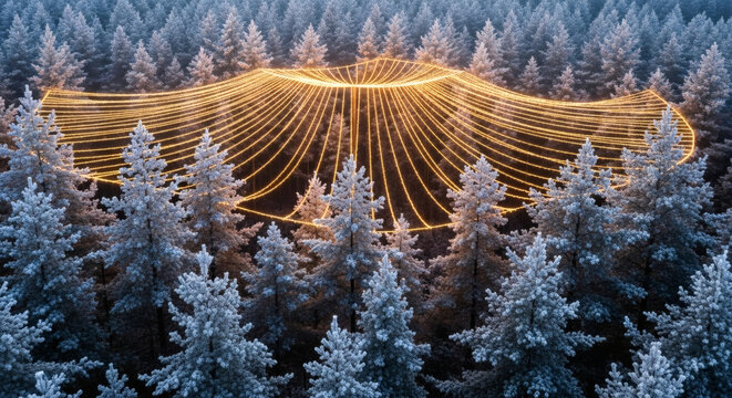 Aerial view of a snow-covered forest with vibrant yellow light trails creating a circular pattern - Powered by Adobe