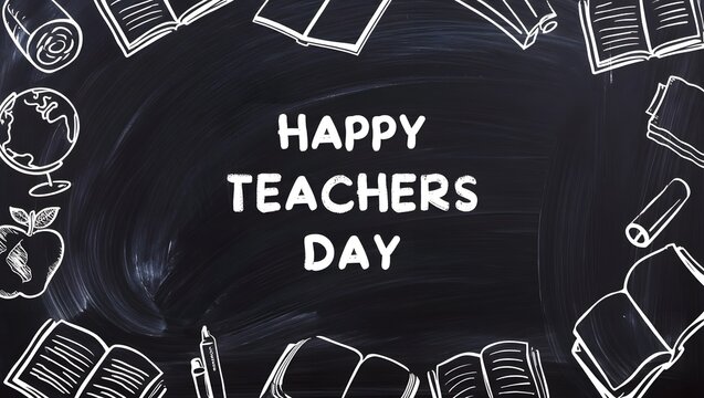 Chalkboard Happy Teacher's Day Design:  Hand-drawn Books, Apple, Globe, Festive, Educational.