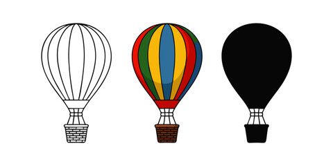 Naklejka premium Creative aviation theme artwork of hot air balloon drawn in bold outline colorful stripes and clean silhouette