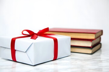 Fototapeta premium White gift box with red ribbon, beside stack of books; minimalist, elegant, celebratory mood.