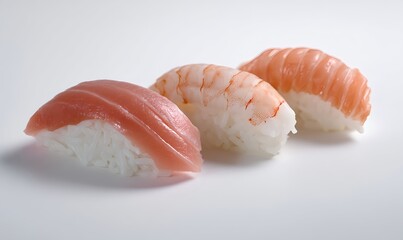 Sushi presentation for menus showing three pieces of nigiri arranged side by side with minimal shadows macro detail and a crisp isolated setup