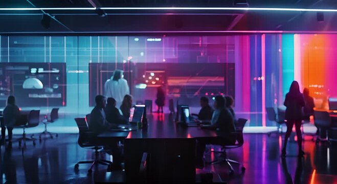 Silhouettes of People Working in a Modern Office with Data Visualizations on Large Screens