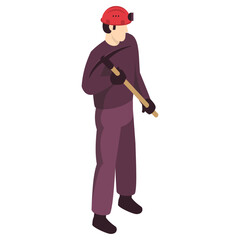 Isometric illustration of a male worker in a hard hat holding a pickaxe tool