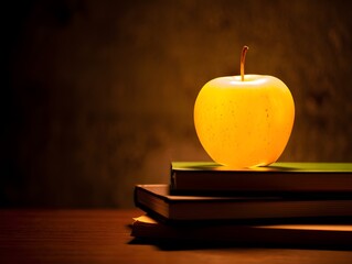 Illuminated Golden Apple on Stack of Vintage Books; Dark, Moody, Knowledge Concept