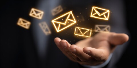 Hand holding glowing email icons