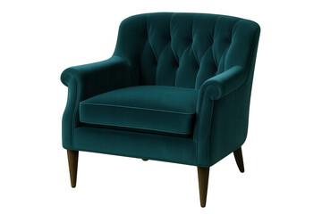 Plush teal velvet armchair featuring tufted backrest, elegant wooden legs, positioned against transparent backdrop for design inspiration