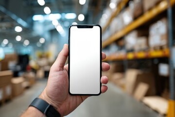 Hand holding smartphone in warehouse