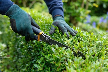 Obraz premium Close-Up of Landscaper Trimming Hedges in Well-Manicured Garden – Gardening Concept