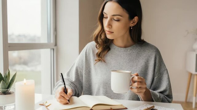 Young woman journaling at home with coffee and candle in cozy setting near window