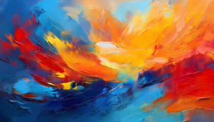 a vibrant abstract painting featuring a dynamic blend of bold colors including deep blues fiery reds and sunny yellows creating an energetic composition