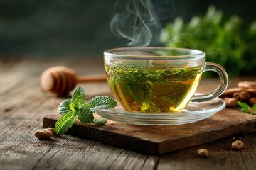 Freshly Brewed Herbal Tea with Mint Sprig – Calming and Brain-Boosting Beverage
