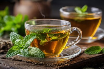 Fresh Herbal Tea with Mint Sprig on Minimal Background – Calming and Cognitive Health