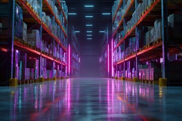 Neon-Glowing Inventory in Futuristic Holographic Warehouse – Sleek Software and Logistics Concept