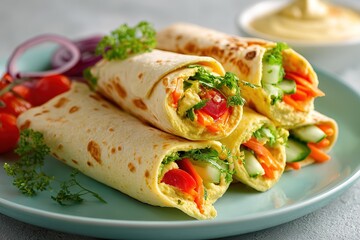 Colorful Veggie Wraps with Hummus on Soft Pastel Backdrop – Fresh and Healthy Food