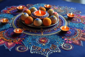 Elegant Diwali Flat Lay with Glowing Diya, Colorful Rangoli, and Sweets Arrangement