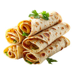 A Stack of GoldenBrown Flatbreads Filled with Scrambled Egg and Herbs isolated on transparent background