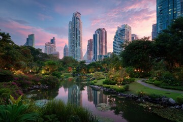 Obraz premium Urban park at twilight with skyscrapers